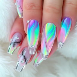 A stunning manicure on long nails for all five fingers, featuring an aurora radiance design with flowing colors reminiscent of the Northern Lights