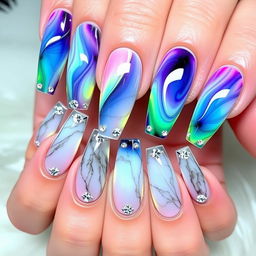 A stunning manicure on long nails for all five fingers, featuring an aurora radiance design with flowing colors reminiscent of the Northern Lights