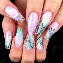 A stunning manicure on long nails for all five fingers, featuring an aurora radiance design with flowing colors reminiscent of the Northern Lights