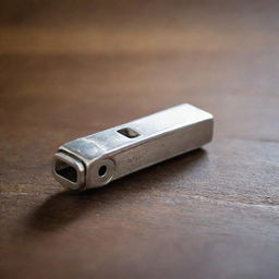 A shiny silver whistle resting on the surface of an old, antique wooden table, subtly lit by ambient room light.