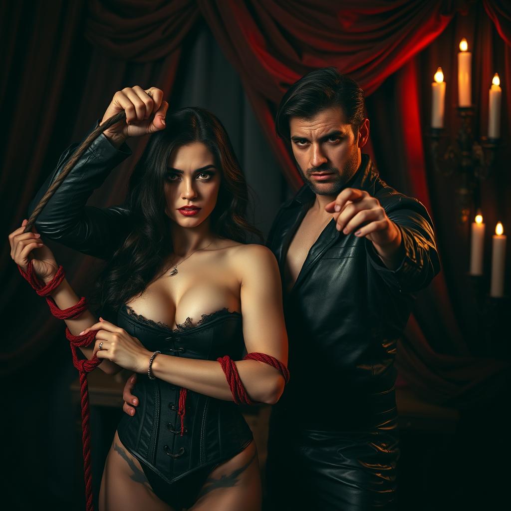 A tense and artistic portrayal of a BDSM scene, where a dominant man in a leather outfit is wielding a whip in a display of power