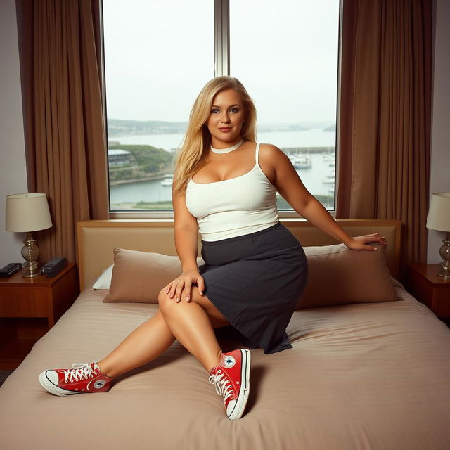 A 40-year-old curvy, chubby blonde woman posing seductively on a king-size bed in a hotel room