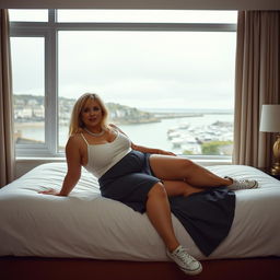 A 40-year-old curvy, chubby blonde woman posing seductively on a king-size bed in a hotel room