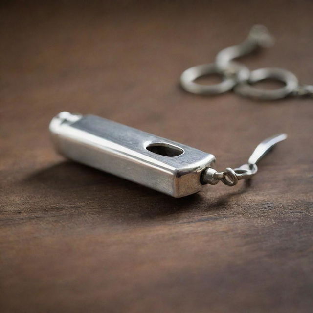 A shiny silver whistle resting on the surface of an old, antique wooden table, subtly lit by ambient room light.