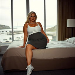 A 40-year-old curvy, chubby blonde woman posing seductively on a king-size bed in a hotel room