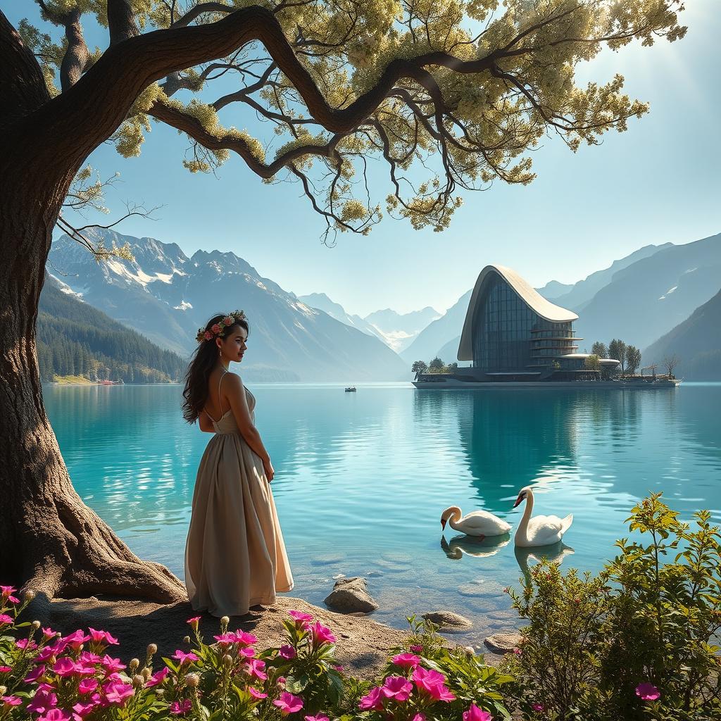 A super realistic photograph of a woman on the shore of a lake, wearing a dress