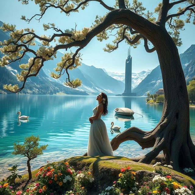 A super realistic photograph of a woman on the shore of a lake, wearing a dress