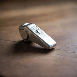 A shiny silver whistle resting on the surface of an old, antique wooden table, subtly lit by ambient room light.