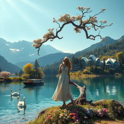 A super realistic photograph of a woman on the shore of a lake, wearing a dress