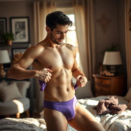 A male crossdresser in a cozy, softly lit bedroom setting, delicately putting on a pair of violet panties