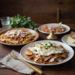 A delicious plate of chilaquiles alongside a polished brass trumpet, both displayed on a rustic wood table, under soft lighting.