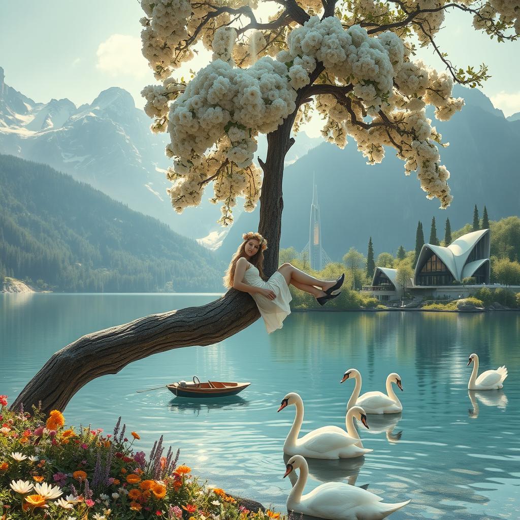 A super realistic photograph of a woman lying and leaning against the elegant trunk of a tree, which is lushly blooming and cascading over her with a fluffy canopy of flowers and leaves