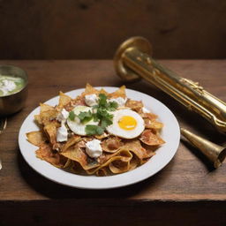 A delicious plate of chilaquiles alongside a polished brass trumpet, both displayed on a rustic wood table, under soft lighting.