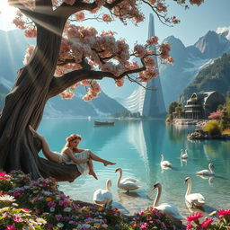 A super realistic photograph of a woman lying and leaning against the elegant trunk of a tree, which is lushly blooming and cascading over her with a fluffy canopy of flowers and leaves