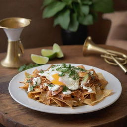 A delicious plate of chilaquiles alongside a polished brass trumpet, both displayed on a rustic wood table, under soft lighting.