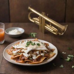 A delicious plate of chilaquiles alongside a polished brass trumpet, both displayed on a rustic wood table, under soft lighting.