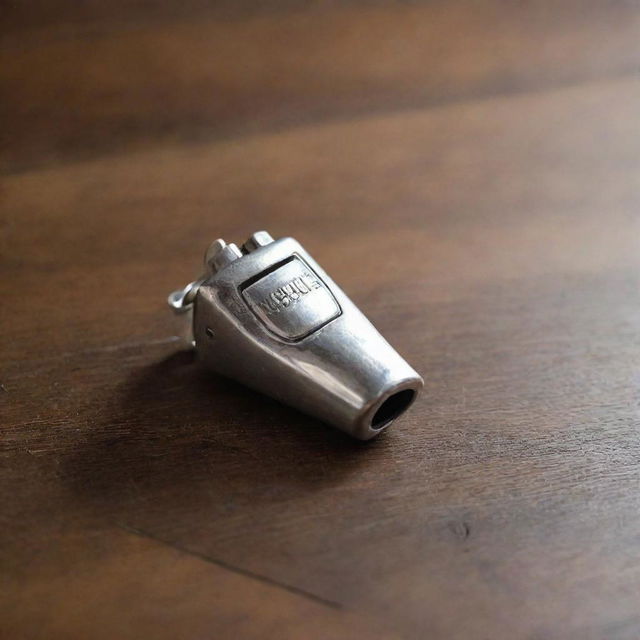 A polished silver whistle placed neatly on an antique wooden table under the dim ambient indoor light.