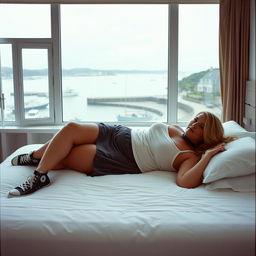 A 40-year-old curvy and chubby blonde woman laying seductively on a king-size bed in a hotel, wearing a charcoal grey stretch woven low-rise pleated micro mini skirt, a white linen look straight neck long cami top, and Chuck Taylor All Star Cruise converse trainers