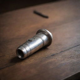 A polished silver whistle placed neatly on an antique wooden table under the dim ambient indoor light.