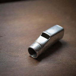 A polished silver whistle placed neatly on an antique wooden table under the dim ambient indoor light.