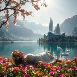 A super realistic photograph of a woman lying on the shore of a lake, wearing a dress