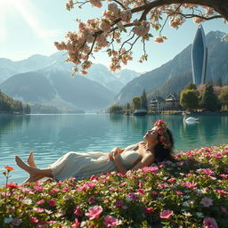 A super realistic photograph of a woman lying on the shore of a lake, wearing a dress