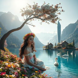 A super realistic photograph of a woman lying on the shore of a lake, wearing a dress