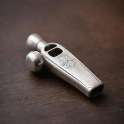 A polished silver whistle placed neatly on an antique wooden table under the dim ambient indoor light.