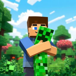 Minecraft Steve hugging a Creeper in a lush, blocky forest setting