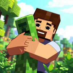 Minecraft Steve hugging a Creeper in a lush, blocky forest setting