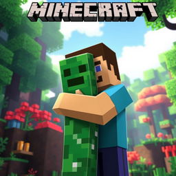 Minecraft Steve hugging a Creeper in a lush, blocky forest setting