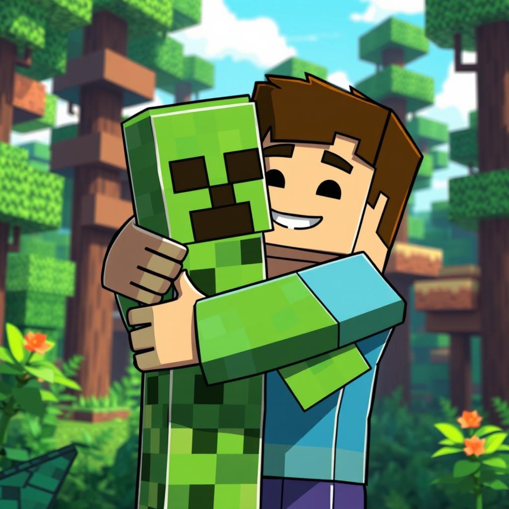 Minecraft Steve hugging a Creeper in a lush, blocky forest setting