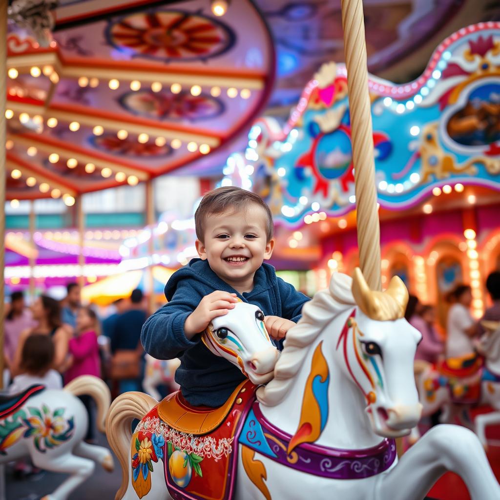 A young boy playing joyfully on a carousel in a vibrant amusement park