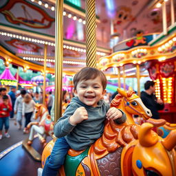 A young boy playing joyfully on a carousel in a vibrant amusement park