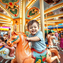 A young boy playing joyfully on a carousel in a vibrant amusement park