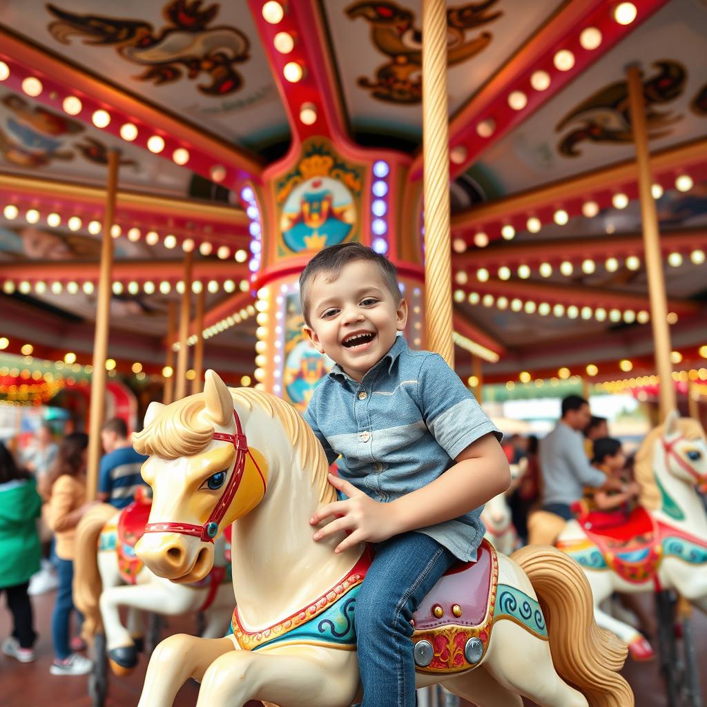 A young boy playing joyfully on a carousel in a vibrant amusement park