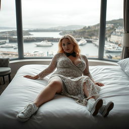 A 40-year-old curvy chubby blonde woman is laying seductively on a king-size bed in a cozy and stylish hotel room