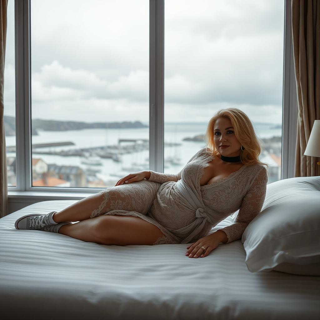 A 40-year-old curvy chubby blonde woman is laying seductively on a king-size bed in a hotel room