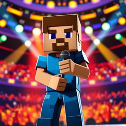 Minecraft Steve holding a microphone, standing confidently on a stage with pixelated lights in the background, vibrant colors reflecting off his blocky form