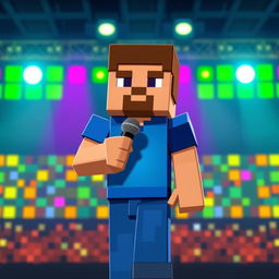 Minecraft Steve holding a microphone, standing confidently on a stage with pixelated lights in the background, vibrant colors reflecting off his blocky form