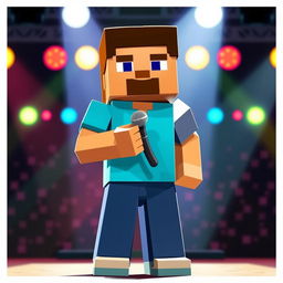 Minecraft Steve holding a microphone, standing confidently on a stage with pixelated lights in the background, vibrant colors reflecting off his blocky form