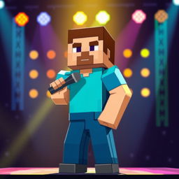 Minecraft Steve holding a microphone, standing confidently on a stage with pixelated lights in the background, vibrant colors reflecting off his blocky form