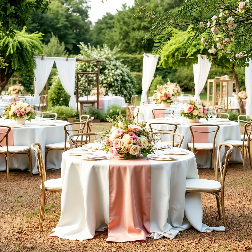 In a countryside garden from 1811, tables are covered with white linen cloths, adorned with refined table runners and floral arrangements in pastel tones, exuding a sweet and fresh aroma