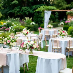 In a countryside garden from 1811, tables are covered with white linen cloths, adorned with refined table runners and floral arrangements in pastel tones, exuding a sweet and fresh aroma