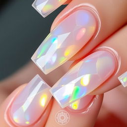 A close-up view of exquisite nails designed to resemble crystal glass