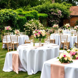 In a countryside garden from 1811, tables are covered with white linen cloths, adorned with refined table runners and floral arrangements in pastel tones, exuding a sweet and fresh aroma