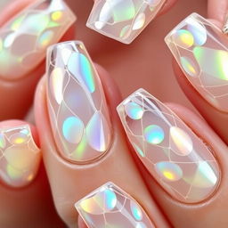 A close-up view of exquisite nails designed to resemble crystal glass