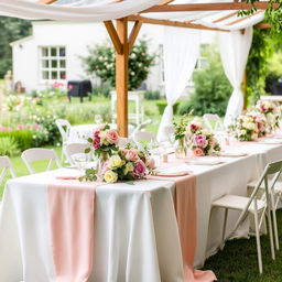 In a countryside garden from 1811, tables are covered with white linen cloths, adorned with refined table runners and floral arrangements in pastel tones, exuding a sweet and fresh aroma