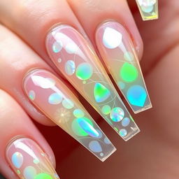 A close-up view of exquisite nails designed to resemble crystal glass