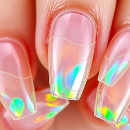 A close-up view of exquisite nails designed to resemble crystal glass